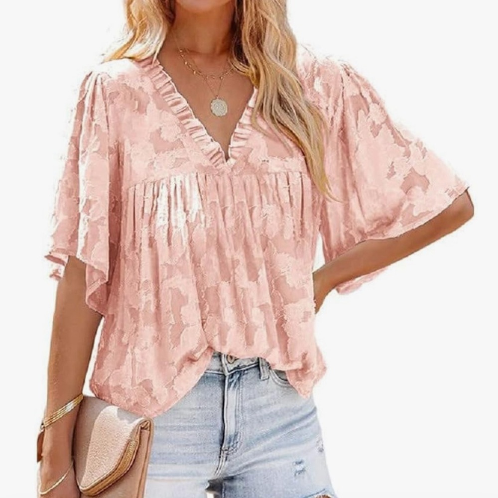 Pink Flutter Sleeve Ruffled Blouse